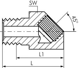 Reduziernippel Edelstahl 1.4401 Winkel 45° mit R-Gewinde / metrischem Gewinde bis 100 bar, alle Größen