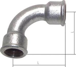 Bögen 90° Temperguss verzinkt, Typ 2a /D1 kurz mit Innengewinde, PN 25, Winkelverschraubung, Verschraubung, Winkel, Bogen, alle Größen