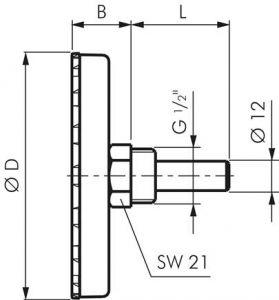 Bimetallthermometer waagerecht mit Kunststoffgehäuse und Cu-Schutzrohr, Klasse 2,0